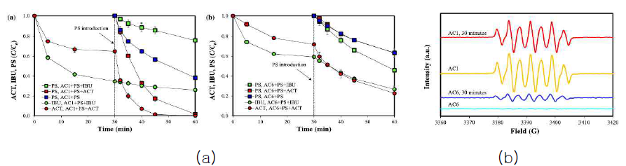 활성탄 입도에 따른 (a) ionization potential과 제거율 및 (b) radical