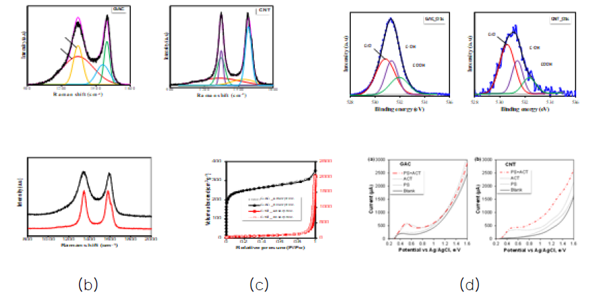 탄소 촉매의 (a) 탄소촉매의 XPS spectra, (b) Raman spectra, (c) N2 adsorption/desorption, (d) linear voltametry