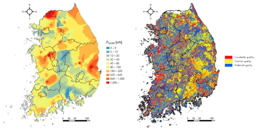 (a) 지하수 개발가능량을 통해 계산된 전국단위의 개방형 지열 시스템에 관한 에너지의 잠재량 분포도, (b) 기계학습모델로 도출한 전국단위의 개방형 지열 시스템에 관한 수질 적합성 분포도