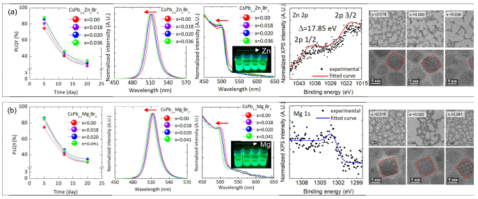 (a) CsPb1-xZnXBr3와 (b) CsPb1-xMgXBr3 QD. (왼쪽부터 오른쪽까지) 공기 중 저장 시간의 함수로서 QD 솔루션의 PLQY 변화, 광발광스펙트라와 흡수 스펙트라, UV(365 nm) 조사된 QD 용액의 사진, undoped CsPbBr3 박막에 치환된 Zn과 Mg의 XPS 스펙트라, 각 성분비에 따른 TEM 결과