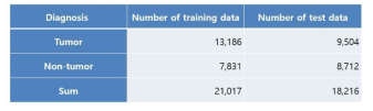 Distribution of training and test set data Number of training and test data between tumor and non-tumor lesion of lung