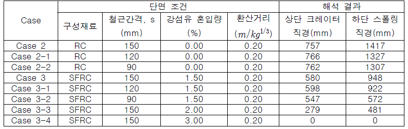 저항력 평가를 위한 단면 조건 및 해석결과