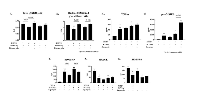 Rapamycin 투여 후 Total glutathione(A), Reduced/Oxidized glutathione ratio(B), BAL fluid TNF-α(C), pro-MMP9(D), S100a8/9(E), sRAGE(F), HMGB1(G) 변화