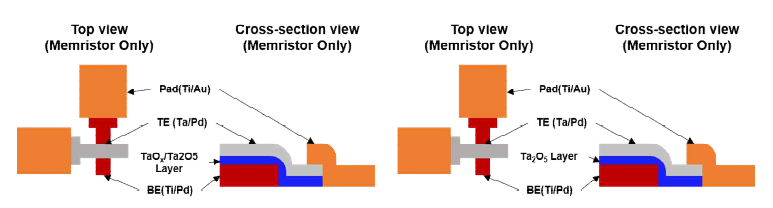 1차년도에 계획한 멤리스터의 Top View 이미지와 Cross-section 이미지(좌) 2,3차년도에 제작한 멤리스터의 Top View 이미지와 Cross-section 이미지(우)