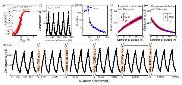 제작된 InGaAs synaptic transistor의 후면 바이어스 의존성 및 endurance 측정 결과