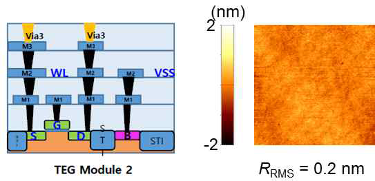본 연구에서 사용한 Tape-out된 소자 단면도 및 표면 AFM 측정 결과