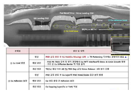Via 집적형 원자 스위치 Pad Metal 형성 후 Cu 불량 현상 정리(개선 전)