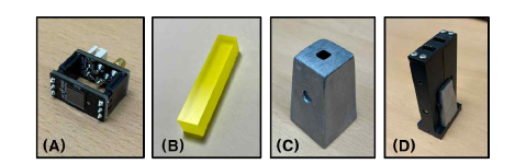 검출 모듈 구성 재료 (A) 실리콘 광전자증배관, (B) GAGG(Ce) 섬광체, (C) 조준기, (D) 검출 모듈 하우징
