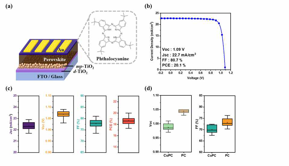 (a) Pc가 정공전달체로 적용된 페로브스카이트 태양전지의 구조 및 (b) 전류-전압곡 선 (c) 성능 수치. (d) CuPc와 Pc가 적용된 페로브스카이트태양전지의 Voc 및 FF 비교