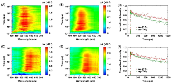 펨토초 레이저 분광법을 이용한 전자전이 속도 관찰. 분광 스펙트럼: (A) Au–ZrO2, (B) Au–TiO2, (D) Ag–ZrO2, (E) Ag–TiO2. 동역학 traces: (C) Au NCs, (F) Ag NCs on ZrO2 and TiO2 monitored at 605 nm
