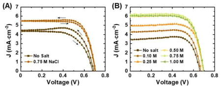 (A) 염화나트륨 유무에 따른 광전효율 및 전류-전압 이력현상의 변화, (B) 염화나트륨 농도에 따른 광전효율의 변화