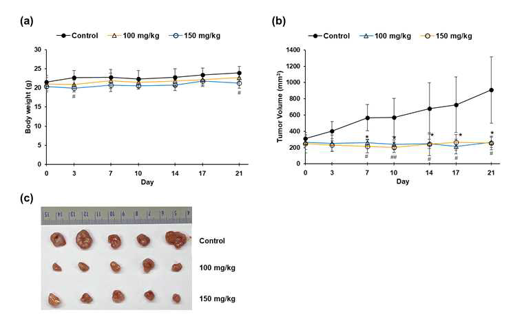 폐암 이종이식 모델에서 oTR 처리 후 종양 성장 억제. 체중 (a), 종양 성장 (b), 종양 크기 이미지 (c) *, p < 0.05 (Student’s t-test, 100 mg/kg oTR). #, p < 0.05; ##, p < 0.01 (Student’s t-test, 150 mg/kg oTR)