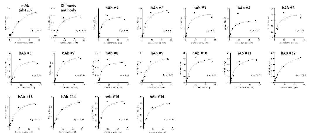 anti-digoxigenin 지주항체 후보군과 digoxigenin과의 결합력 측정 (ELISA data)