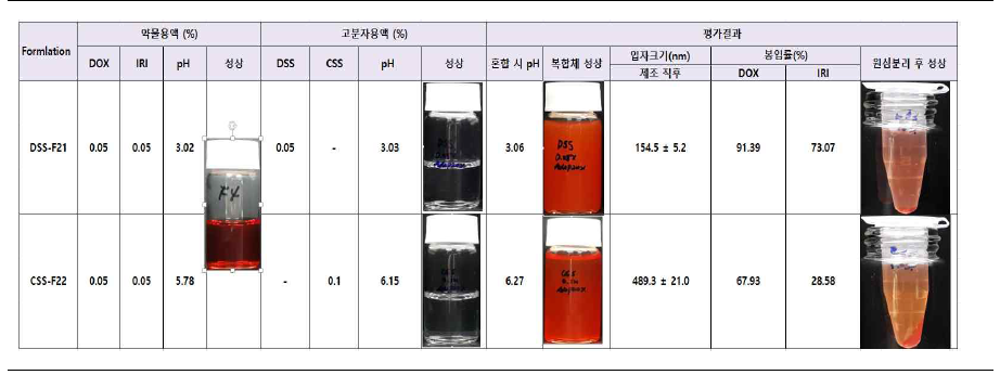 대표적 DSS-DOX-IRI 복합체와 CSS-DOX-IRI 복합체 제조 및 성상, 평가의 사례