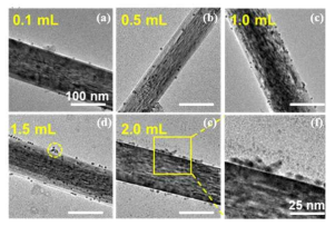 스프레이 코팅 volmue 변화에 따른 3 nm 크기의 Pd NP-TiO2 NR의 TEM image