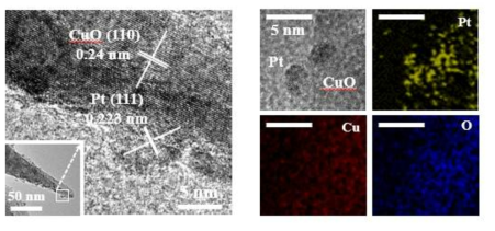 CuO NR에 부착된 Pt NP의 HRTEM image 및 EDS 분석