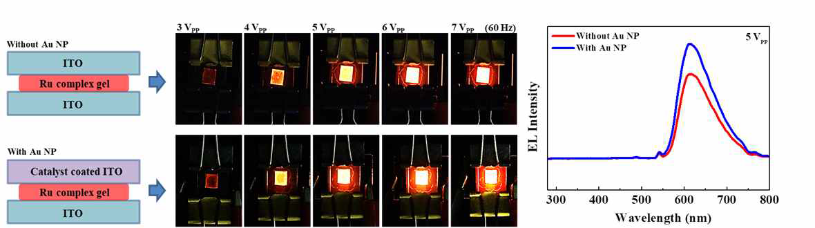 촉매 유무에 따른 ECD 소자의 모식도와 발광 특성 비교