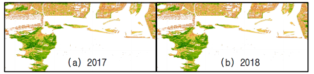 LANDSAT NVDI 영상 추출 결과(2017년, 2018년)