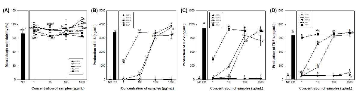 무청 유래 다당체의 macrophage에 대한 세포독성 및 cytokine 생산능 측정 결과