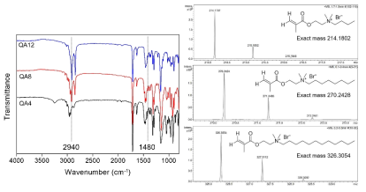 합성한 4차 암모늄 단량체들의 FT-IR 및 질량분석 결과
