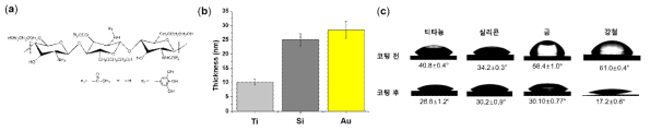 (a) 파이로갈롤기가 도입된 글라이콜 키토산 유도체의 화학구조, (b) 티타늄, 실리콘, 금기판에서의 코팅두께, (c) 다양한 기판에서의 글라이콜 키토산 유도체의 코팅 전후 물 접촉각 결과