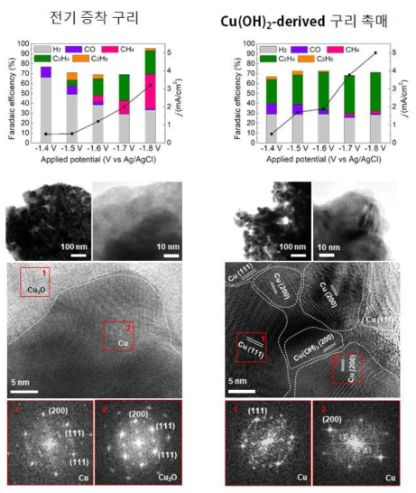 전기증착 구리 (ED-Cu)와 Cu(OH)2-derived 구리 촉매의 CO2 환원 촉매 성능 및 반응 후 촉매 TEM 이미지 분석, 촉매 구조와 C2+ 선택도 사이의 상관관계를 보임