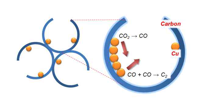 다공성 탄소지지체에 담지된 구리 촉매 구조 모식도