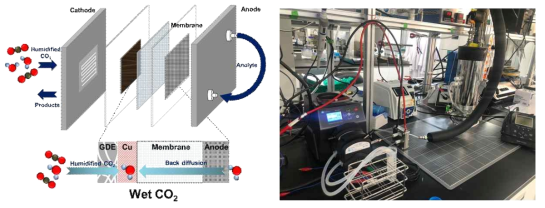 Catholyte가 없는 Zero-gap Membrane Electrode Assembly (MEA) 반응기 모식도 및 실험 사진