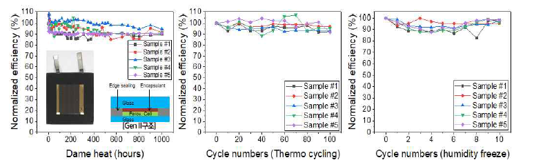 50㎜ × 50㎜ perovskite 태양광 모듈의 damp heat 1000시간, thermo cycling 100 cycle, humidity freeze 10 cycle 측정 결과