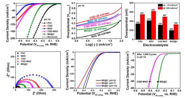 물 환원 전극 소자의 HER, Tafel slope, Overpotential, Nyquist plot, stability 데이터