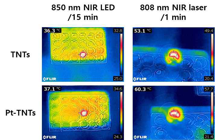 티타니아 나노튜브와 Pt 코팅 티타니아 나노튜브의 808 nm 근적외선 레이저 및 850 근적외선 LED 조사에 따른 온도 상승 측정 이미지