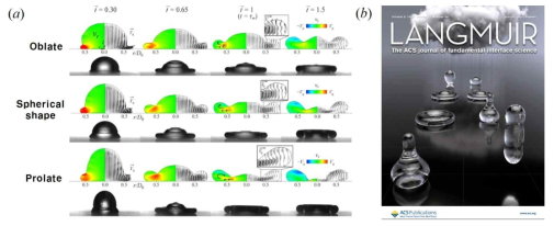 (a) 액적 형상이 반동거동 및 내부유동패턴에 미치는 영향(위: 해석결과; 아래: 실험결과). (b) 저널 커버 그림 설명: Raindrops know the best way to bounce: the ellipsoidal shapes of the drops on water-repellent surfaces play a vital role in determining bounce speeds. The oblate ellipsoidal drop bounces faster than the prolate ellipsoidal and even spherical one by reducing the whole spreading time