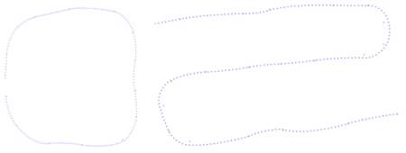 임의의 중간 경로(빨간점)를 지나가는 최적 경로 생성 알고리즘 예시