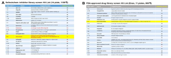 A) Selleckchem inhibitor library를 이용한 스크리링 Hits의 알려진 작용 기전 및 TFEB-EGFP 핵 자리옮김 억제 수치 B) FDA-approved drug library를 이용한 스크리링 Hits의 알려진 작용 기전 및 TFEB-EGFP 핵 자리 옮김 억제 수치