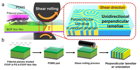 필터플라즈마, 전단 압연 공정을 활용하여 고분자의 배향을 수직, 단방향으로 정렬시키는 기술에 대한 모식도