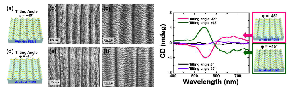 왼쪽 : 45o, -45o 각도로 회전시켜 나노패턴을 전사하여 얻어낸 카이럴성이 있는 신축성 재료. 오른쪽 : 45o, -45o 각도 나노패턴의 카이럴성 측정결과