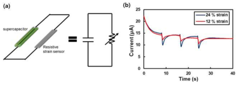(a) suercapacitor에 저장된 에너지를 통한 sensor 구동 실험의 모식도 (b) 12 %, 24 %의 strain에 따른 실시간 전류 변화 그래프