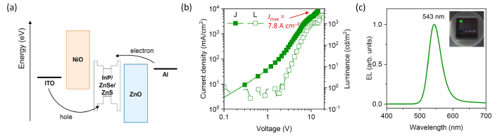 (a) ITO/NiO/InP QD/ZnO/Al 구조의 전무기 발광소자. (b) 전류밀도-전압-휘도 특성. 유리기판 상에서 최대전류밀도 7.8 A cm-2, 최대휘도 ~3,000 cd m-2 달성. (c) 전기발광스펙트럼 및 소자 구동 사진