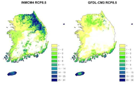 두 가지 GCM을 이용하여 122 식물종에 대해 현재와 2070년에 공통적으로 서식 가능한 지역을 중첩한 결과. 30m 해상도로 다운스케일된 기후변수를 이용하여 마이크로 규모의 기후 레퓨지아를 평가하였음
