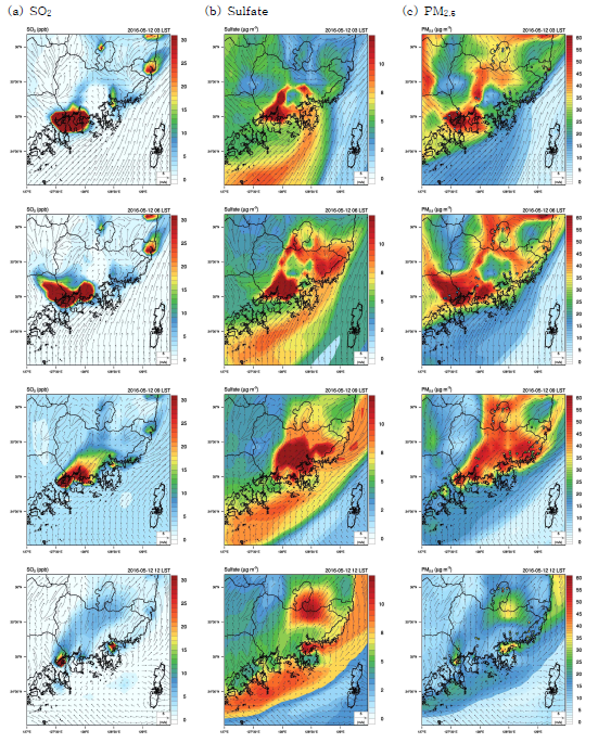 2016년 5월 12일 오전 3시부터 12시까지 3시간 간격의 (a) SO2, (b) Sulfate, (c) PM2.5의 지상 농도 분포와 10m 높이의 바람장