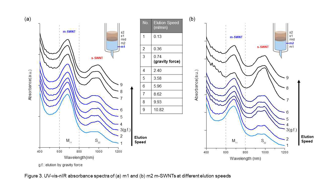 1 wt% SC에 분산된 CNT를 1 wt% SDS로 컨디셔닝 된 젤에 투과하였을 때 용출속도를 느 리게 제어할수록 높은 순도의 금속성 SWNT를 수득하였음