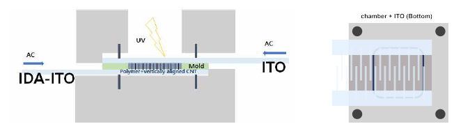 (좌) IDA 패턴의 ITO 전극을 이용한 광경화성 고분자의 경화용 몰드와 유전영동 시험 개략도. (우) IDA 패턴 ITO 전극과 경화용 몰드 하단