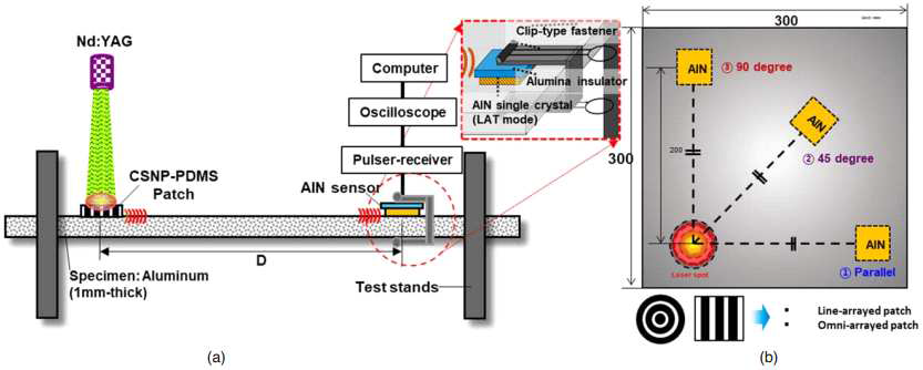 Experimental setup for the laser ultrasound generation with the line and omni-arrayed CSNP-PDMS patches (a) side view, (b) plan view with different angles of AIN sensors (lateral mode)