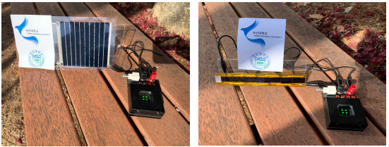 본 연구에서 제작된 유기태양전지, 페로브스카이트 태양전지-OLED 융합소자 작동 사진