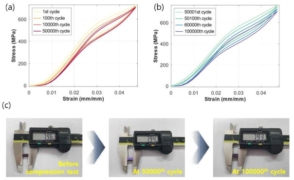 (a) 열처리한 C 합금의 1-50000회 반복 압축실험 응력-변형률 곡선 (b) 50000-100000회 반복 압축실험 응력-변형률 곡선 (c) 실험 과정에 따른 실물 시편의 하중 적용 방향 길이 변화