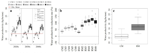 시나리오 적용에 따른 용수생산성, 용수생산성 저감율 및 BMP 비교(Kim et al., 2021)