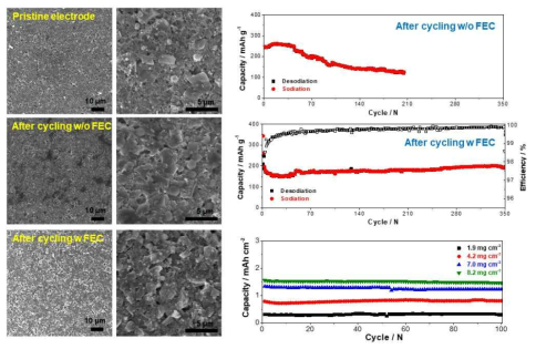 (좌) 전기화학 평가 후 SEM 측정 (우) 하드 카본의 전지 수명 특성 평가 결과