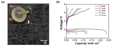 (a) Carbon paper의 SEM 이미지 (삽입 이미지: 공기극 전지), (b) Na 공기극 전지 특성 평가