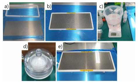 PDMS메타표면 제작과정 a) 몰딩 벽 가공 및 조립, b) 몰드 조립, c) 실리콘 혼합(sylgard 184), d) 진공탈포, e) 건조