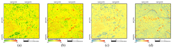 Zoom in from fig. 11 of NDWI results obtained using (a) Landsat-8 and (b) Sentinel-2 imagery, and TDLI results obtained using (c) Landsat-8 and (d) Sentinel-2 imagery